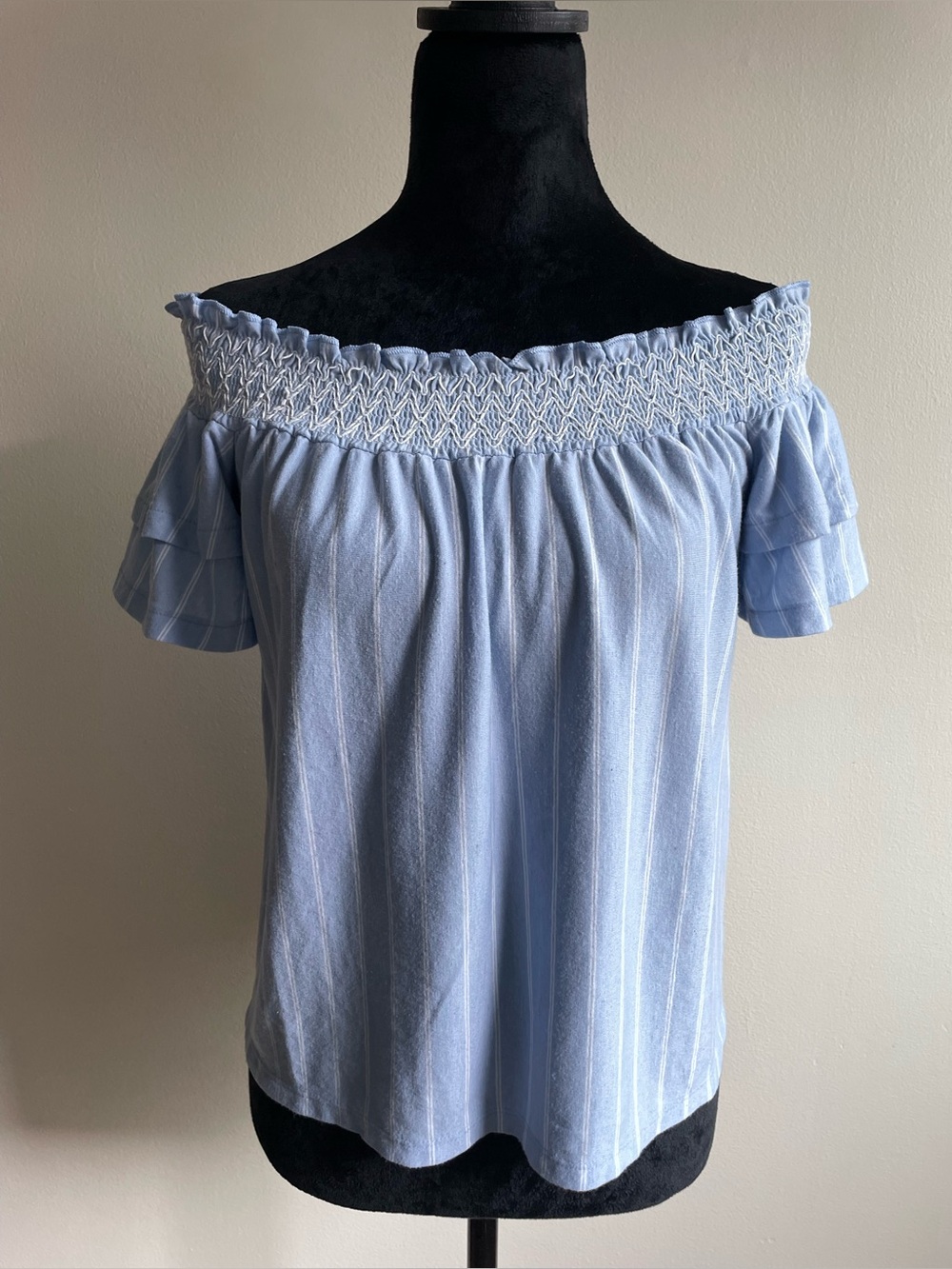 American Eagle Blue Smocked Off Shoulder Stripe Linen Blend Top M